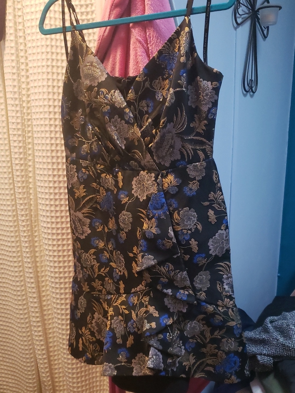RACHEL Rachel Roy Black Slip Dress with Gold and Blue Floral Brocade